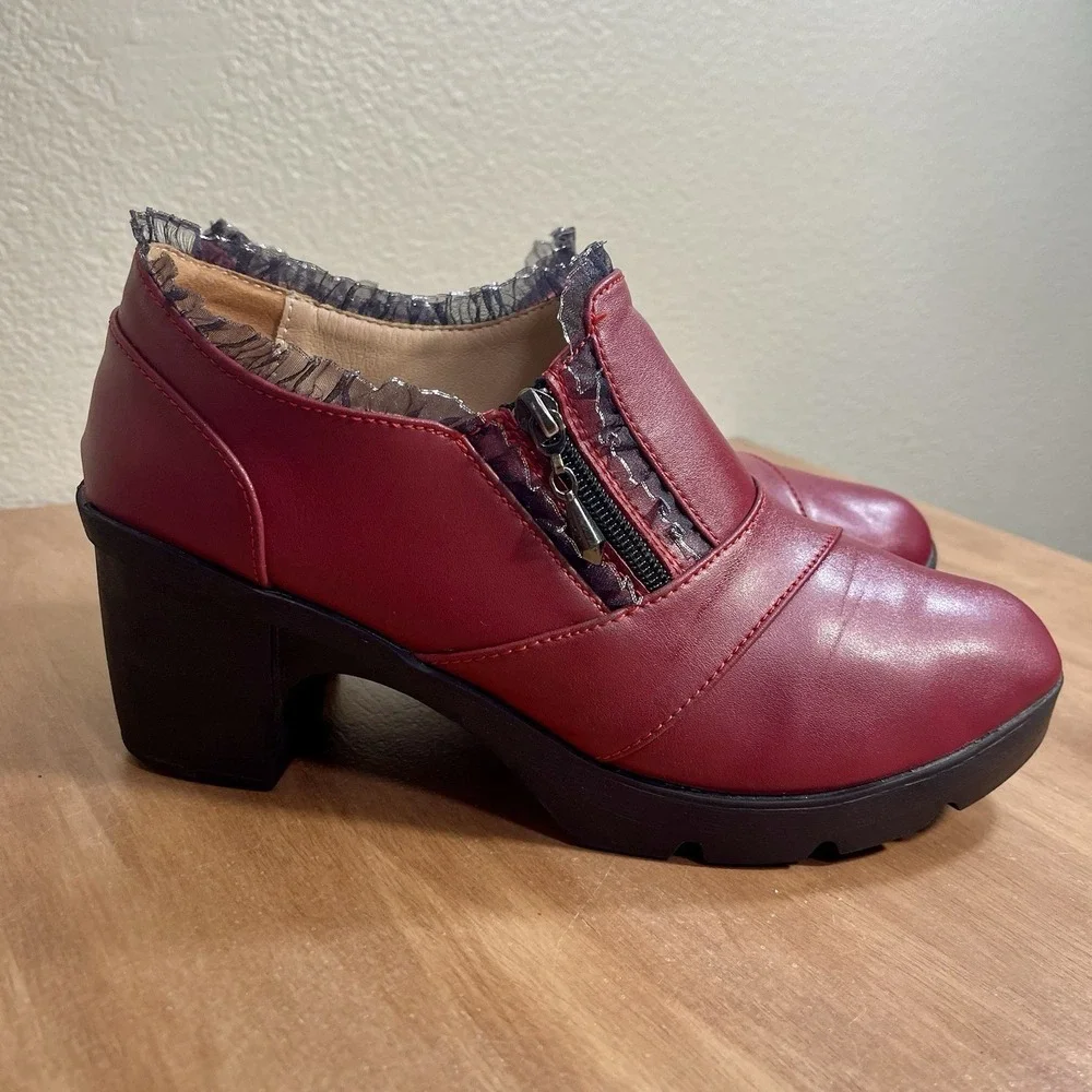 Dadawen Lace Trim Chunky Platform Shoes Faux Leather Burgundy Office Goth 11.5